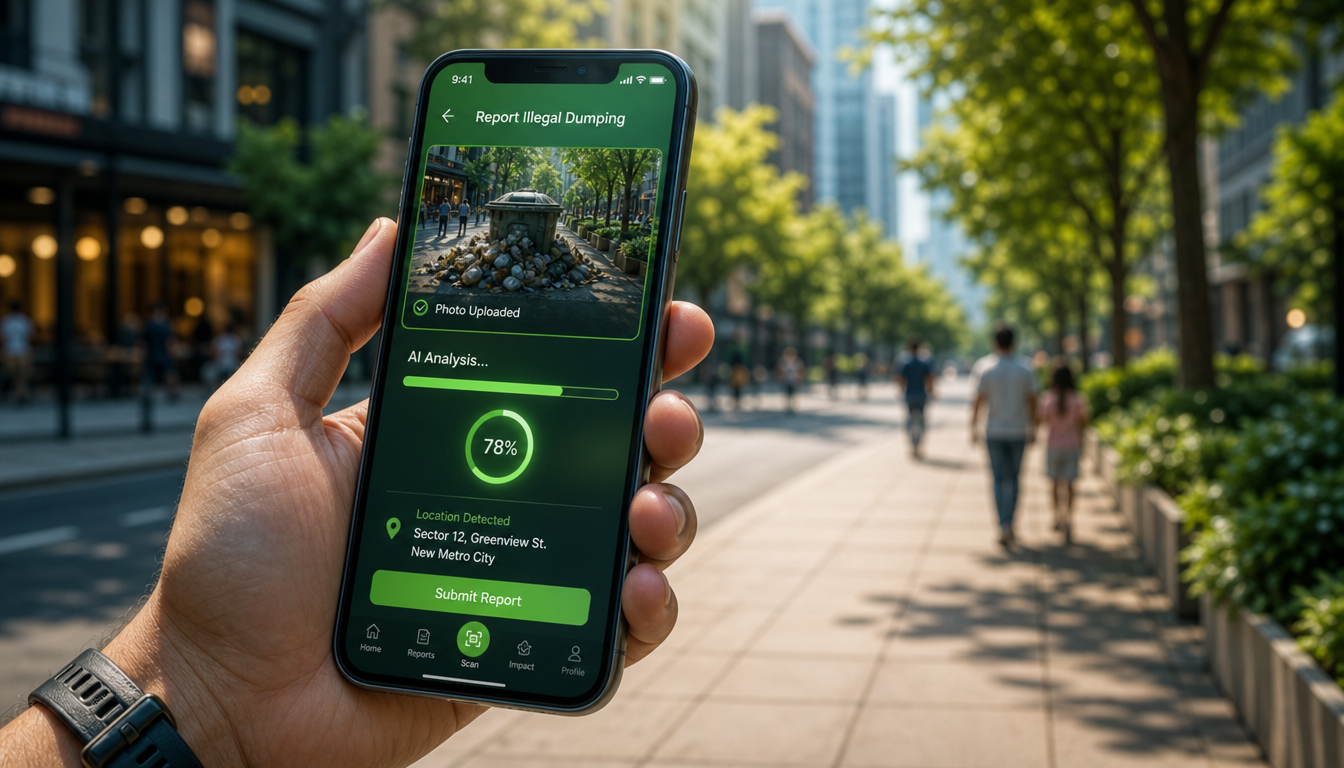 Mobile AI Green concept showing a phone report, AI review, cleanup, and reward
